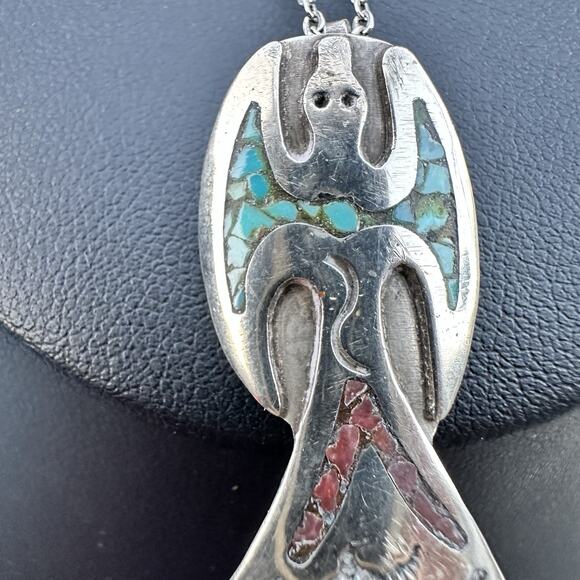 Nickel Silver Peyote Bird Pendant Necklace Turquoise Coral Inlay Southwestern - Picture 5 of 6